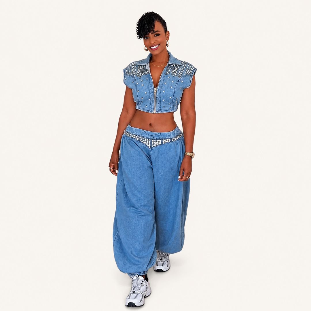 Conjunto Denim Azul con Aplicaciones Brillantes