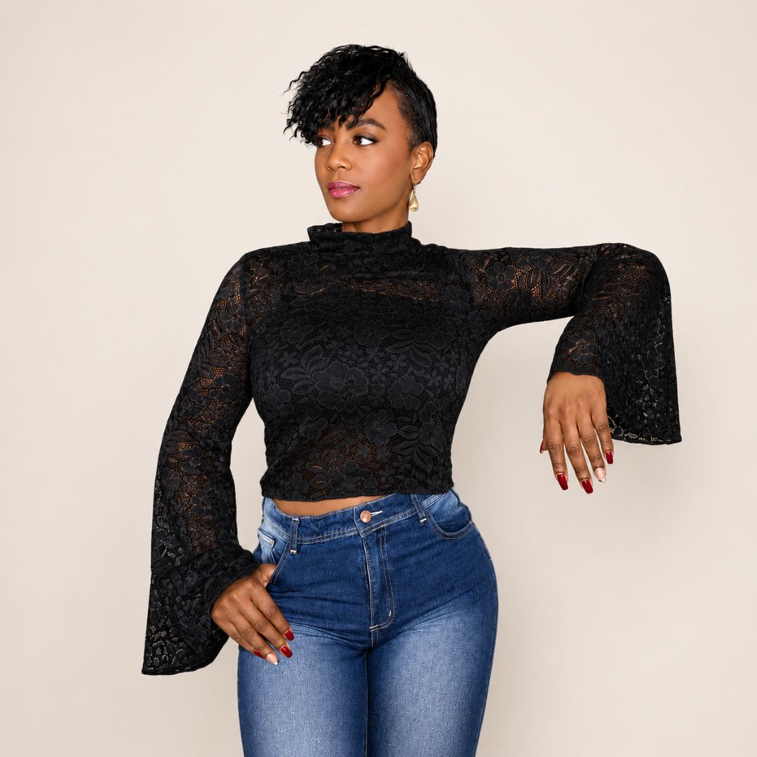 Blusa de Encaje con Manga Campana