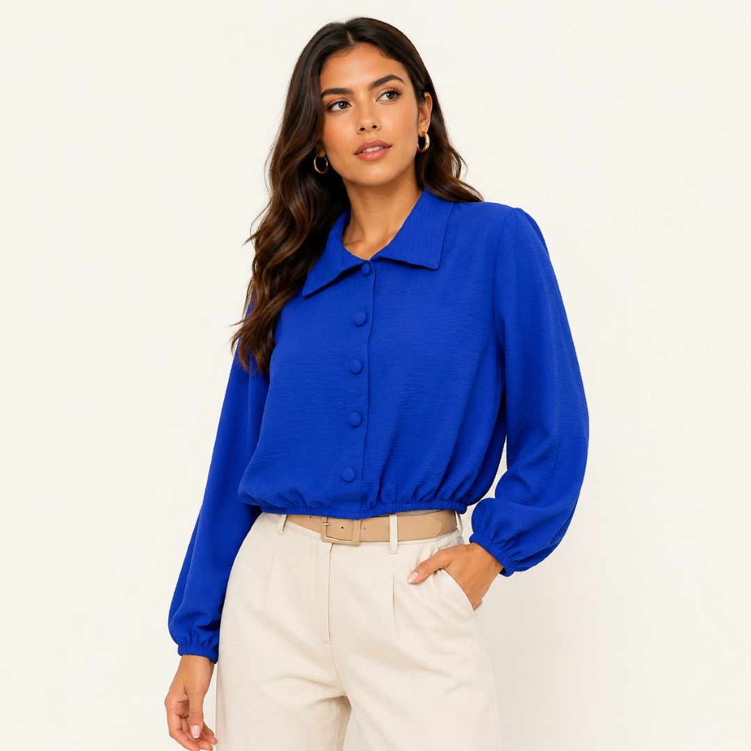 Blusa Azul con Manga Abullonada