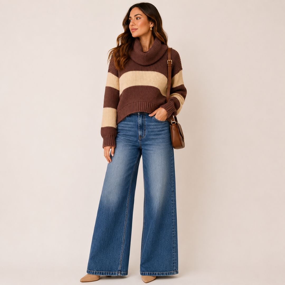 Sweater Tejido a Rayas con Cuello Alto