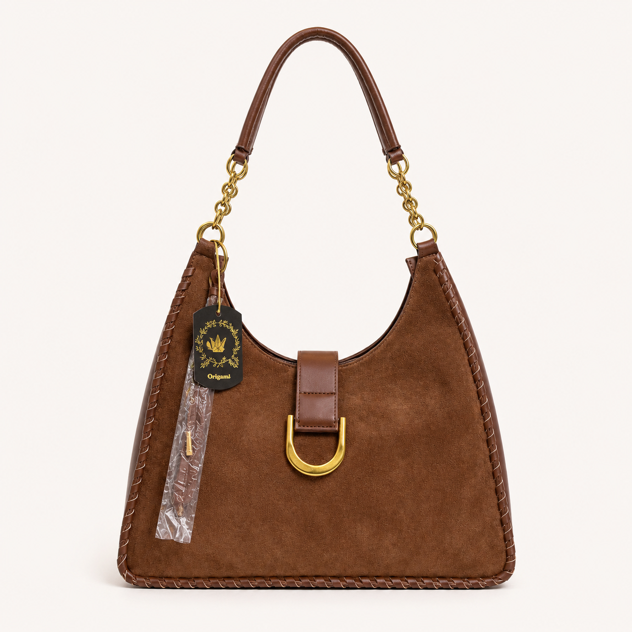 Bolso Hobo Marrón con Detalles Dorados