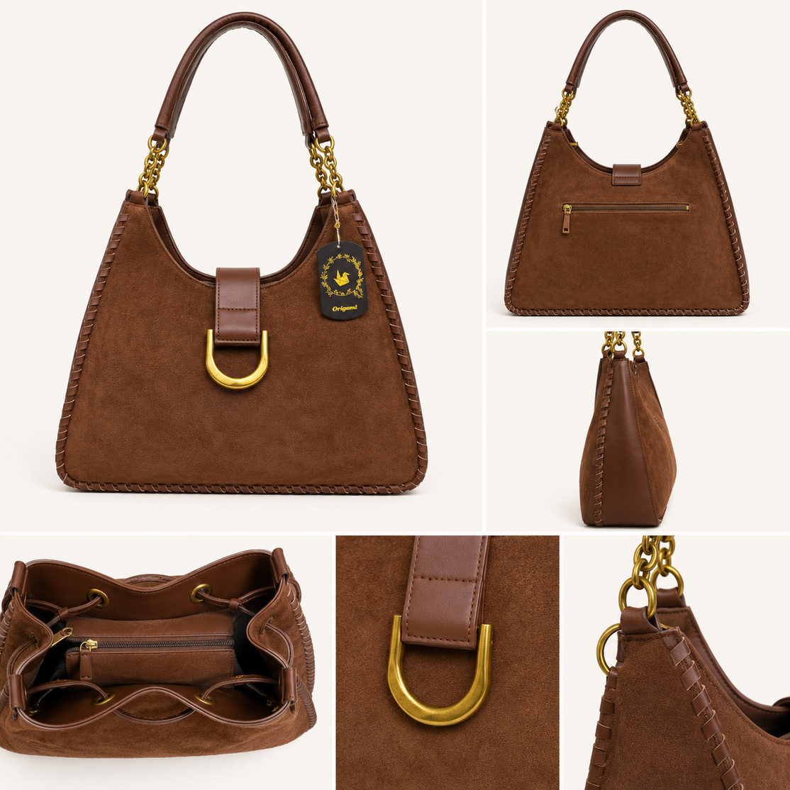 Bolso Hobo Marrón con Detalles Dorados