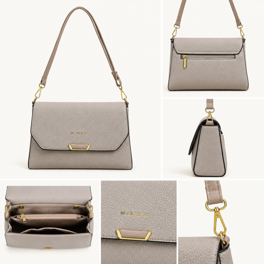 Bolso de Hombro Taupe con Herrajes Dorados