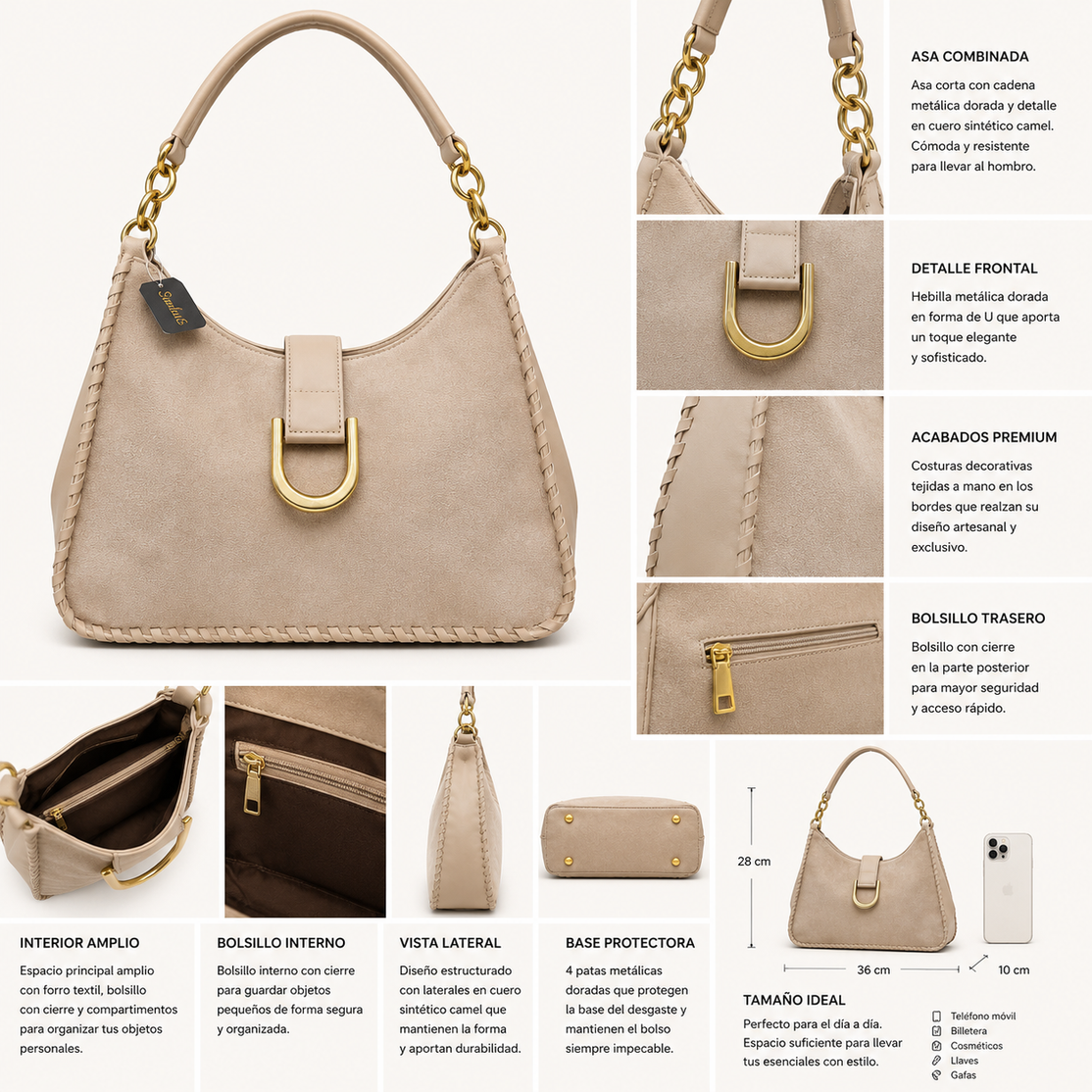 Bolso Hobo Beige con Detalles Dorados