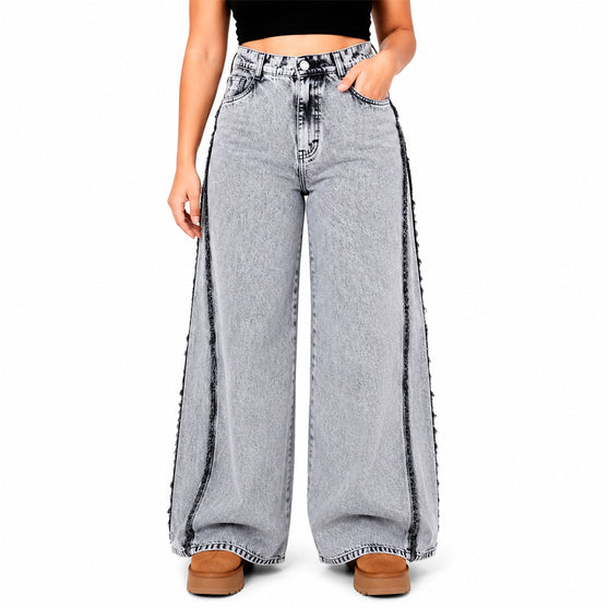 Jeans Wide Leg Rígido Gris Lavado