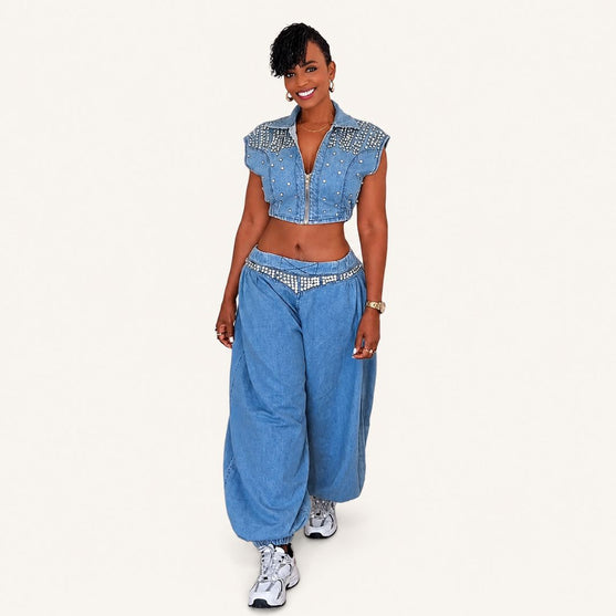 Conjunto Denim Azul con Aplicaciones Brillantes