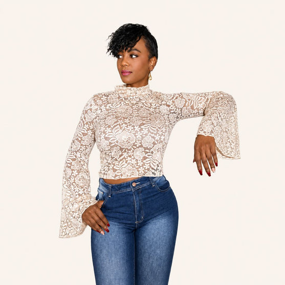 Blusa de Encaje con Manga Campana