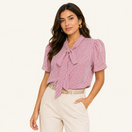 Blusa Rayada Roja con Lazo al Cuello