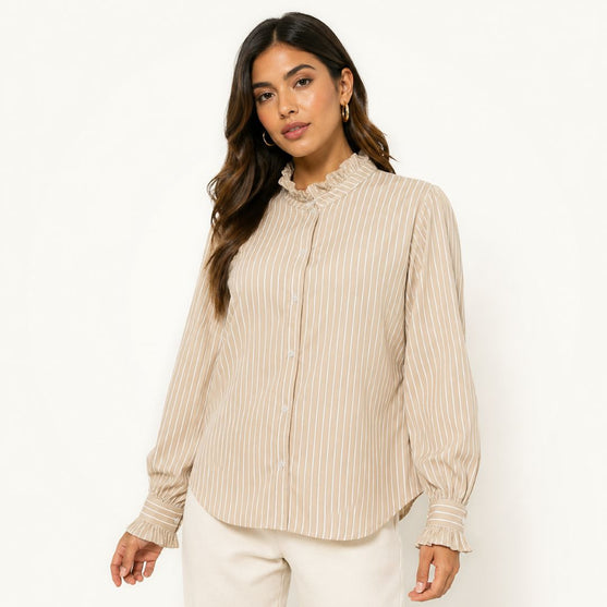 Blusa Beige Rayada con Cuello Fruncido