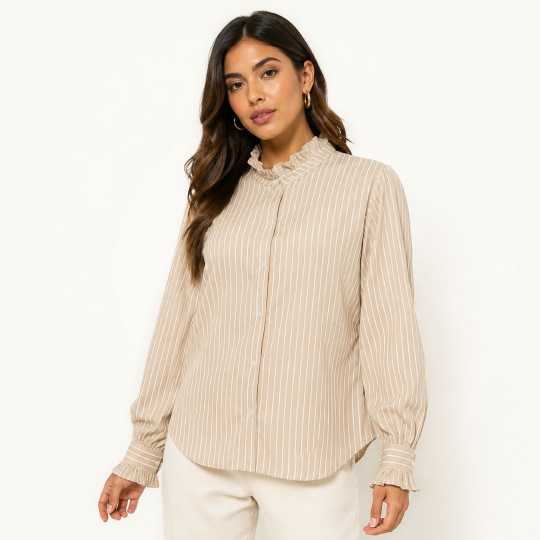 Blusa Beige Rayada con Cuello Fruncido