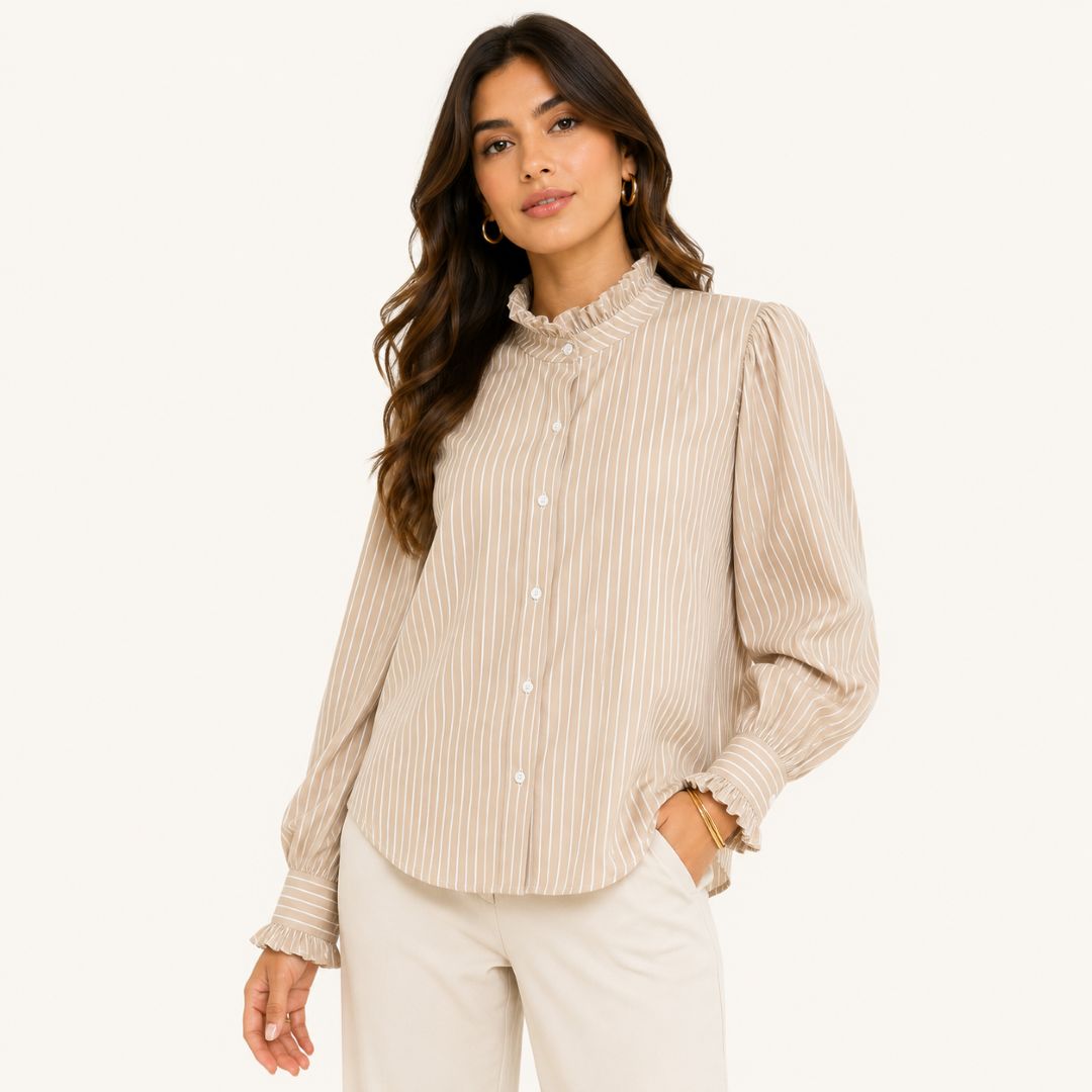 Blusa Beige Rayada con Cuello Fruncido