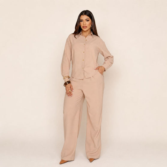 Conjunto Beige Camisa y Pantalón Wide Leg