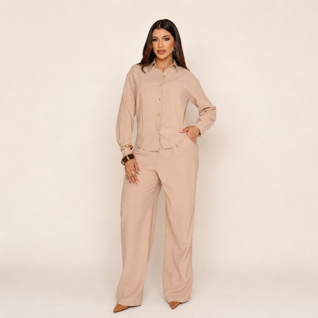 Conjunto Beige Camisa y Pantalón Wide Leg
