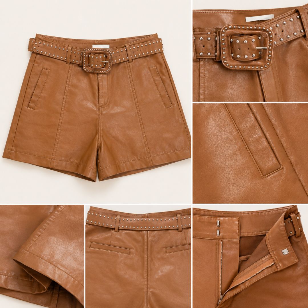 Falda Short Café Efecto Cuero