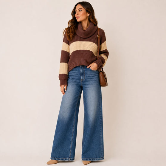 Sweater Tejido a Rayas con Cuello Alto