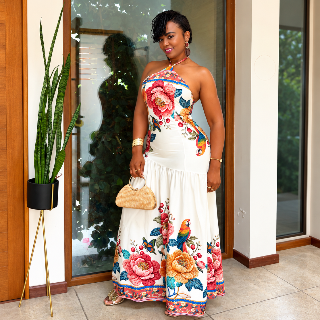 Vestido Largo Tropical Halter – Elegancia y Color