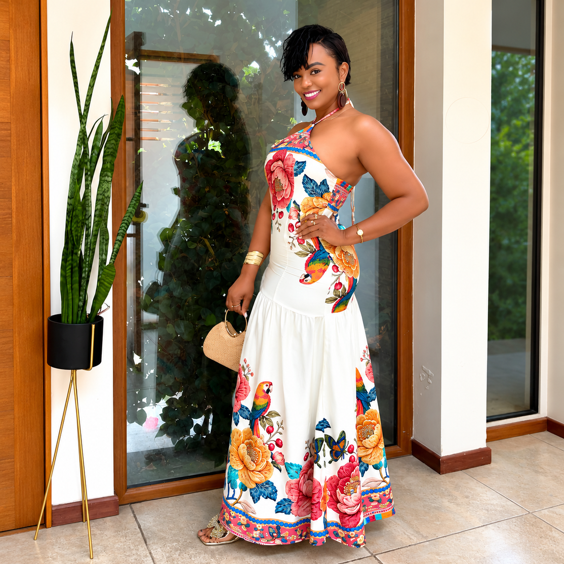 Vestido Largo Tropical Halter – Elegancia y Color