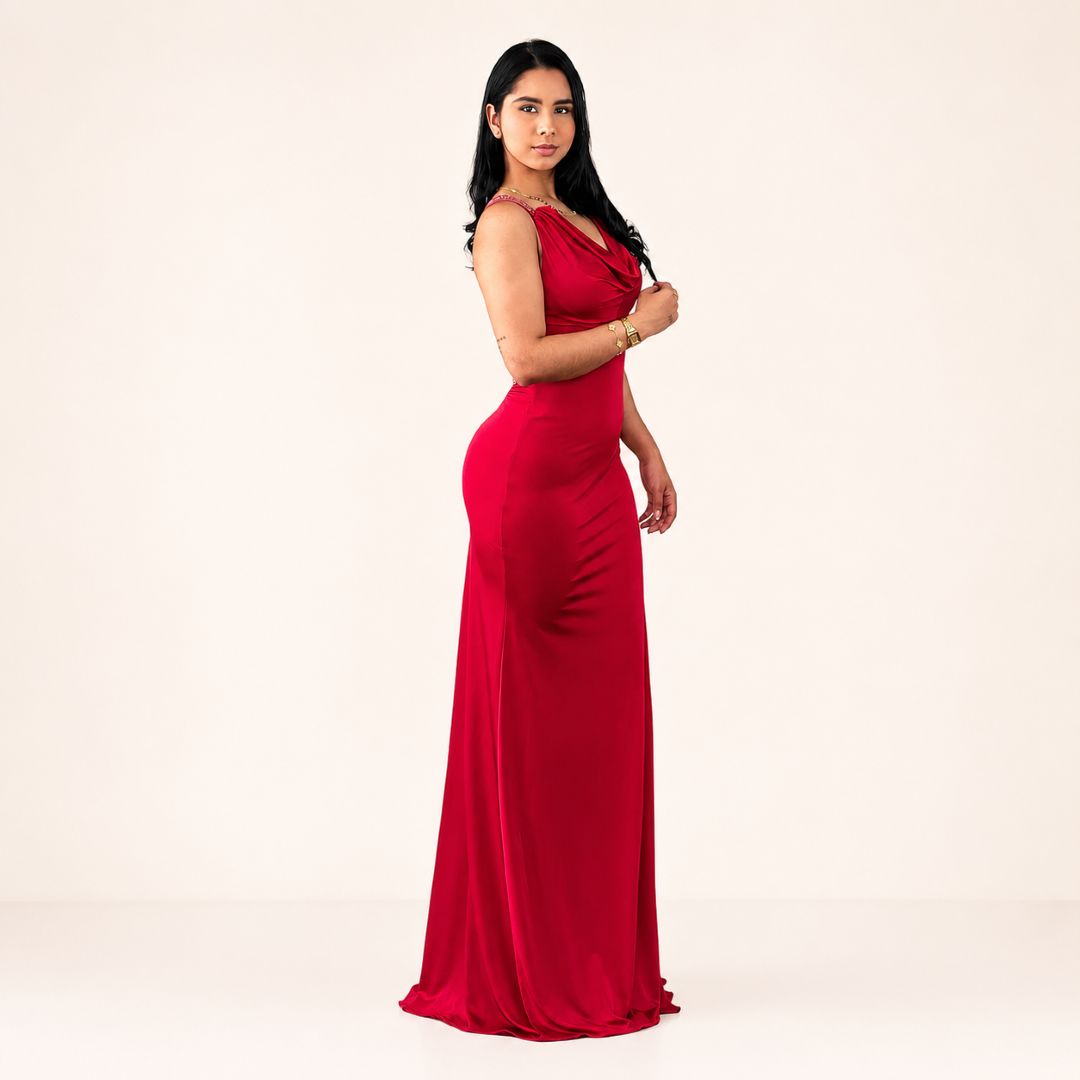 Vestido Largo Rojo con Detalle Brillante
