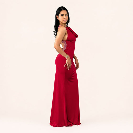Vestido Largo Rojo con Detalle Brillante