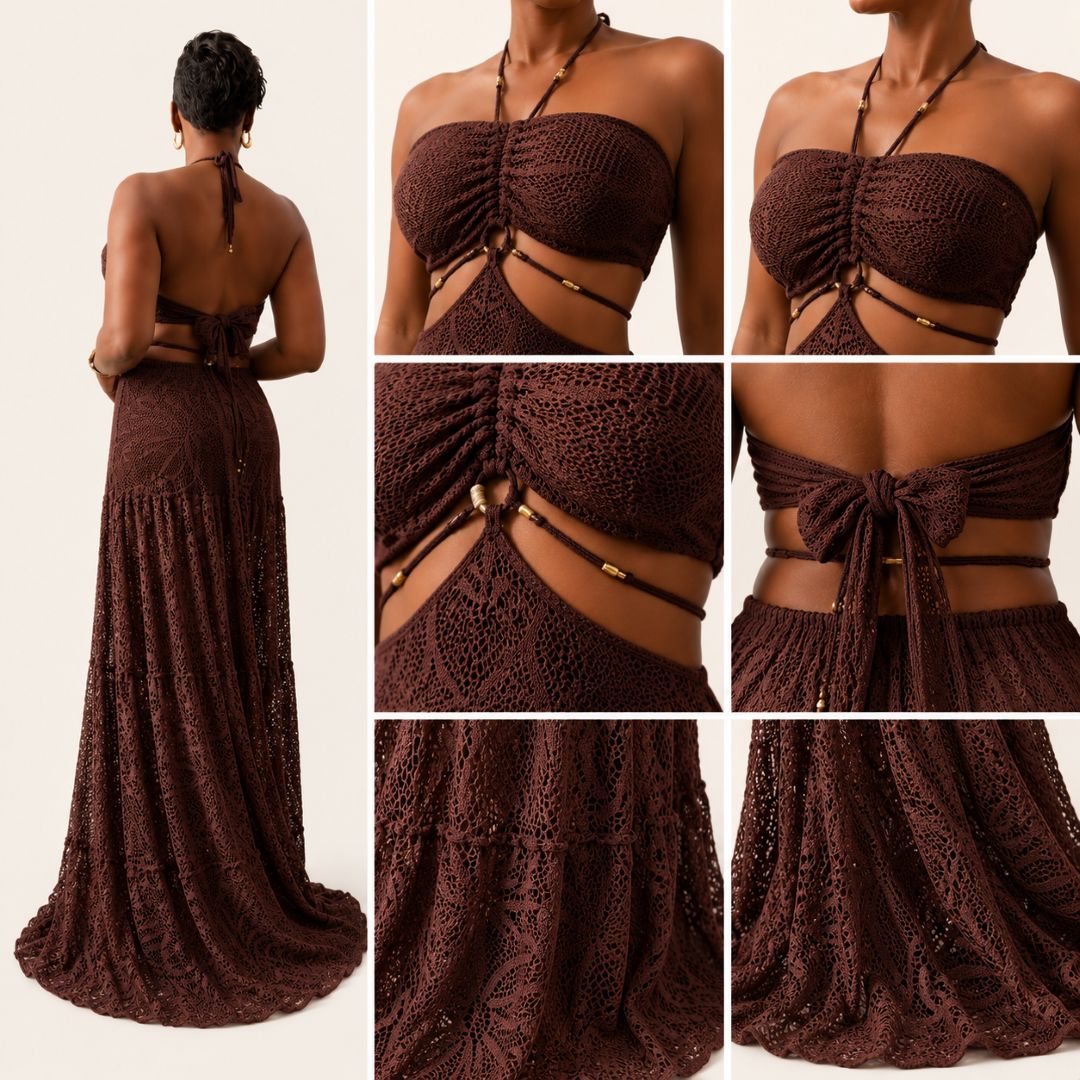 Vestido Largo Crochet Café