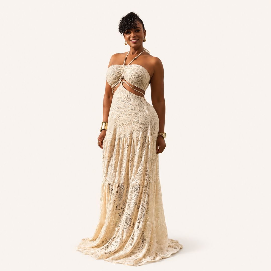 Vestido Largo Crochet Beige