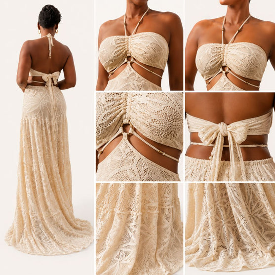 Vestido Largo Crochet Beige