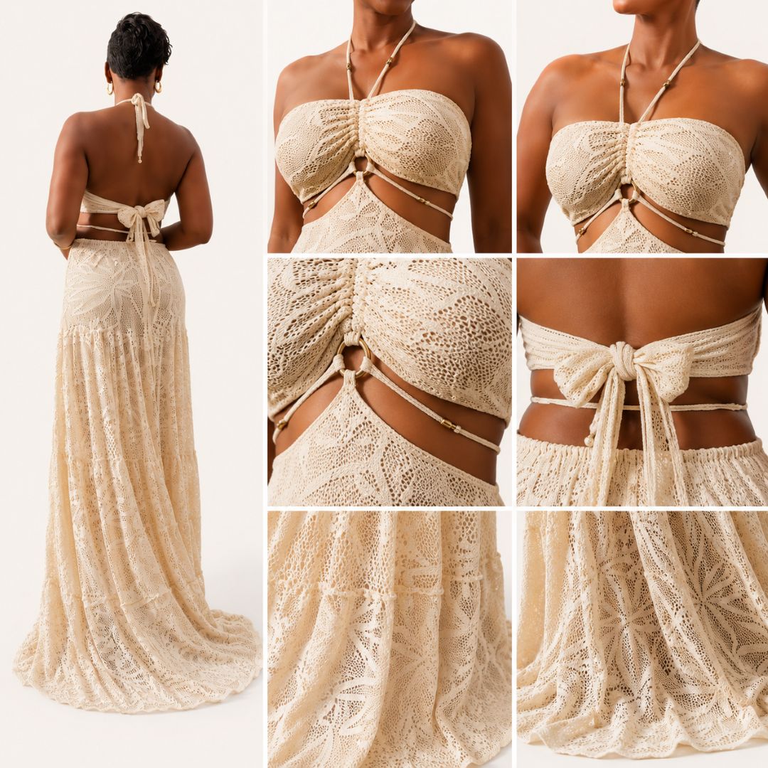 Vestido Largo Crochet Beige