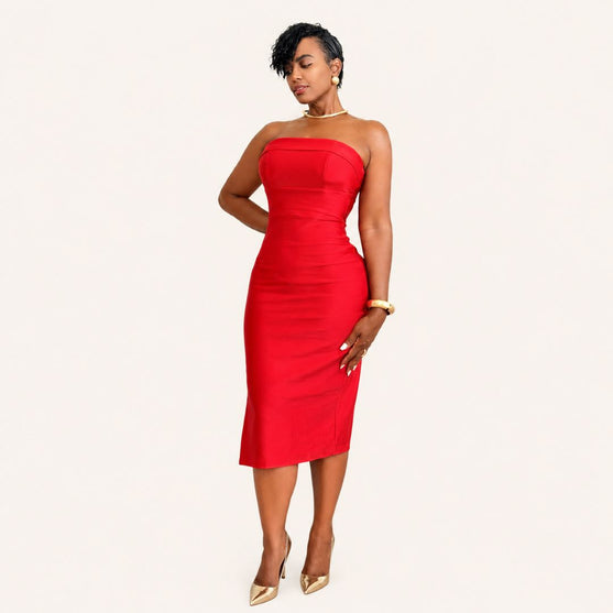 Vestido Midi Strapless Rojo